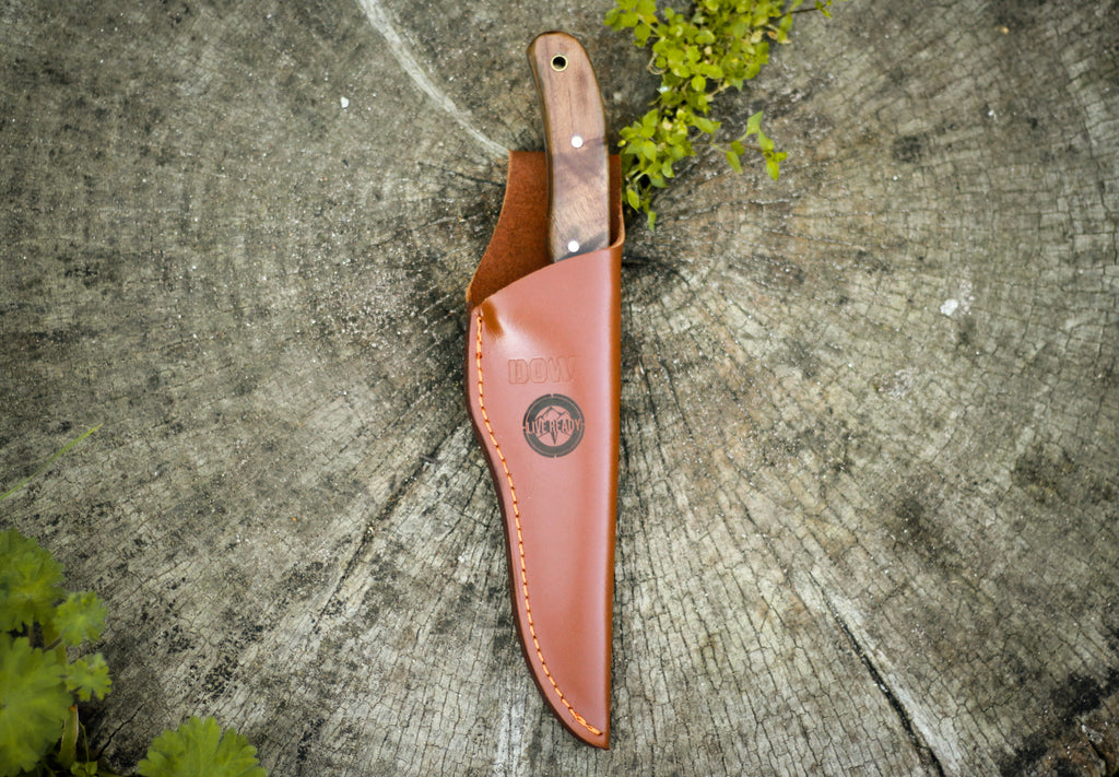 Burlwood Fixed Tang Knife With Leather Sheath