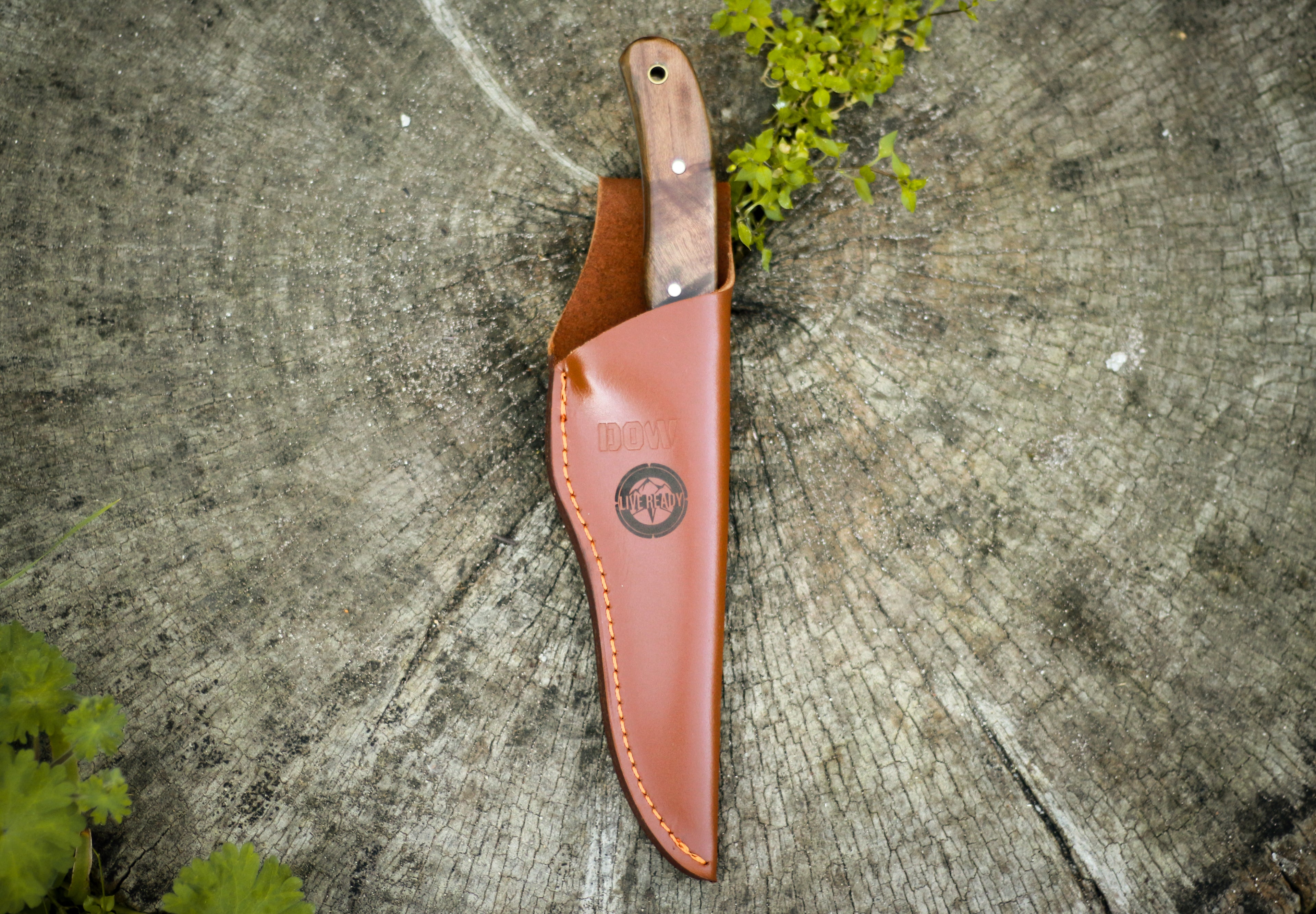 Burlwood Fixed Tang Knife With Leather Sheath