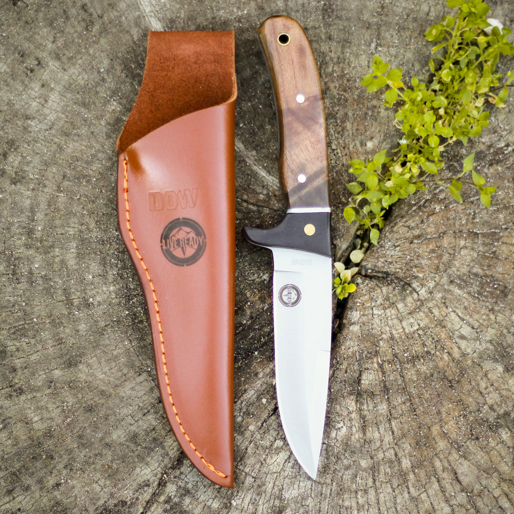 Burlwood Fixed Tang Knife With Leather Sheath