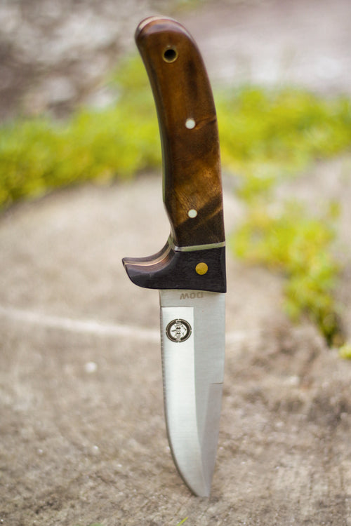 Burlwood Fixed Tang Knife With Leather Sheath